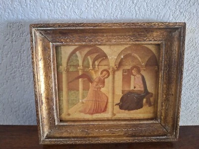 Antigua miniatura reproducción pintura escena religiosa. Monasterio de monjes. enmarcado Foto 1 de 4