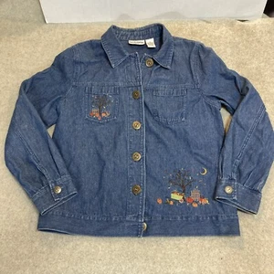 BRECKENRIDGE Ladies Denim Jean Jacket Fall Embroidered Pumpkins Leaves Sz PM - Picture 1 of 10