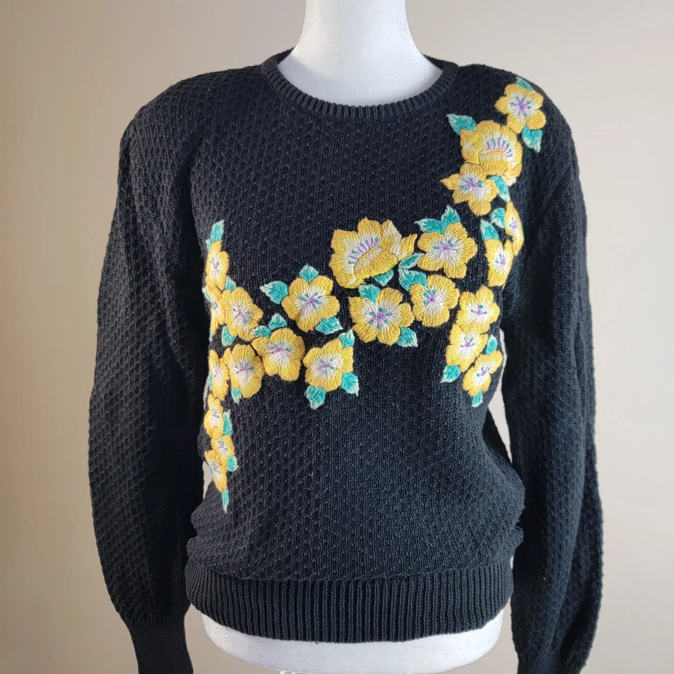 Suéter para mujer Evan Picone negro medio amarillo floral hombreras vintage Foto 1 de 4