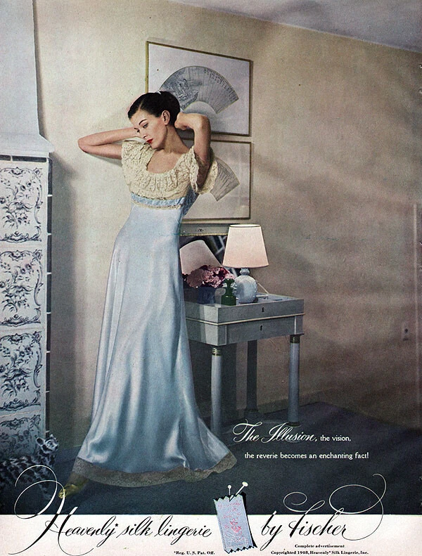 Fischer Heavenly Silk Lingerie Blue Gown Lace Nightgown1948 Magazine Print Ad - Image 1 of 1