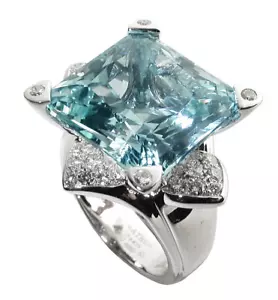 Huge Transparent Square 14.19CT Aquamarine With Glittering Diamonds Flower Ring - Picture 1 of 4