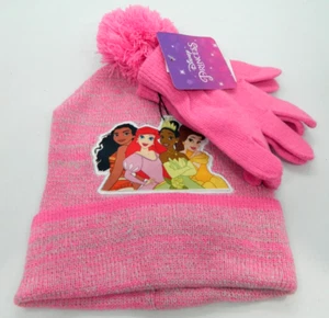 Disney Princess Girls Beanie Hat and Gloves Set Pink One Size Pompon - Picture 1 of 6