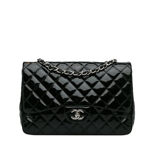Authenticated Chanel Jumbo Classic Patent Single Flap Bag Black Leather Shoulder