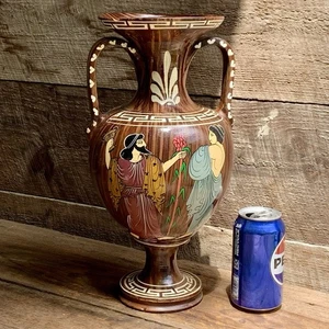 Large Art Pottery Amphora Vase Greek Mythology Faux Wood Grain Greek Key 14.5” T - Picture 1 of 19