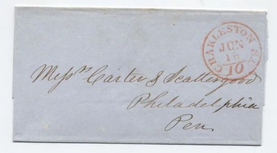 1851 Charleston SC stampless cover red CDS 10 integral rate [6986.601] - Image 1 of 3