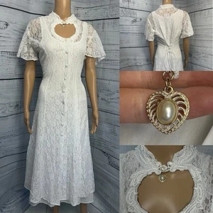 Vestido midi de encaje blanco Jody California de colección talla 13 EE. UU. corazón ojo de cerradura nupcial años 70 80 - Imagen 1 de 24