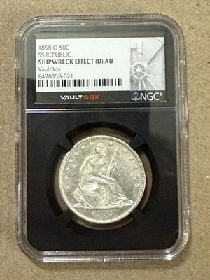 1858 O 50 CENT SEATED LIBERTY HALF DOLLAR SS REPUBLIC SHIPWRECK NGC AU VAULT BOX - Image 1 of 4