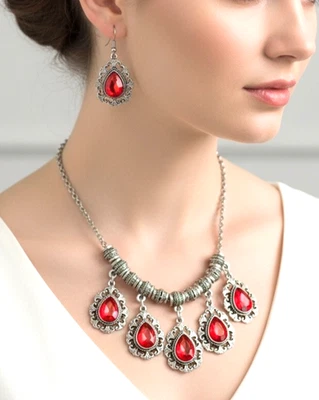Vintage Inspired Charmed Necklace Earrings Set Siam Red Acrylic Rhinestones - Image 1 of 4