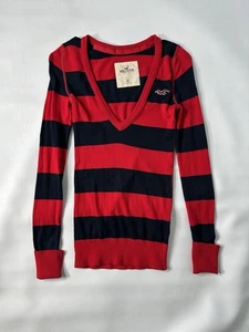 Damen Hollister rot & dunkelblau gestreift Langarm Henley Gr. XS Y2K M Vintage - Bild 1 von 14