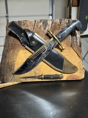 Case 1883 Bowie Knife And Stiletto Mounted On Cypres Plank - Image 1 of 3