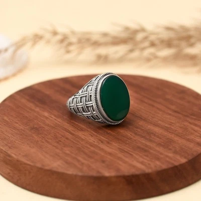 925 Sterling Silver Natural Gemstone Green Onyx Vintage Tribal Men's Jewelry - Image 1 of 4