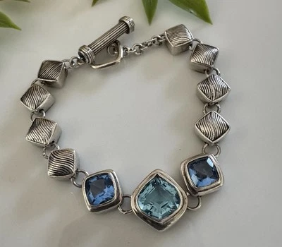 Brazalete Lori Bonn Plata Esterlina Topacio Azul Piedra Eslabón Palanca Tamaño 6-3/4" Foto 1 de 4