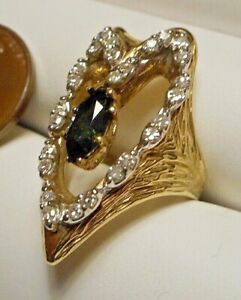 Mod Brutalist 14K Gold Green Tourmaline Diamond Heart Shaped Ring 7.6g size 5.5