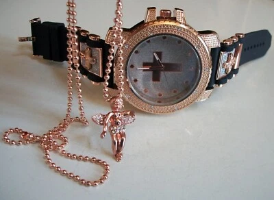 Reloj de moda religiosa CRUZ, ÁNGEL acabado oro rosa para hombre, cadena y dije Foto 1 de 4