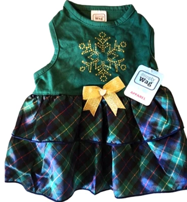 Simply Wag Navy Blue & Green Plaid, Gold Bow Holiday Puppy/Dog Dress, Medium - Image 1 of 4