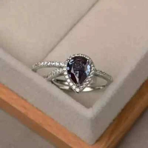 2Ct Pear Cut Alexandrite Bridal Set Halo Engagement Ring 14K White Gold Finish - Picture 1 of 3