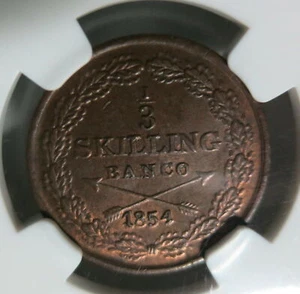 SWEDEN Norway 1/3 skilling 1854 NGC MS 64 BN UNC Bronze King Oscar Arrow Graded - Picture 1 of 3