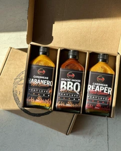 Award Winning Hot Sauce Gift Box 3 pack BBQ, Habanero & very hot Carolina Reaper - Picture 1 of 5