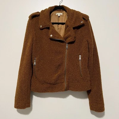 Max Studio 女式 Teddy Moto 不对称夹克 M 码人造毛皮巧克力棕色 — 第 1/4 张图片