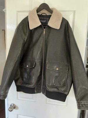 Men’s Leather Bomber Jacket W/faux Sherpa Collar, Roundtree & Yorke XXL - Image 1 of 4