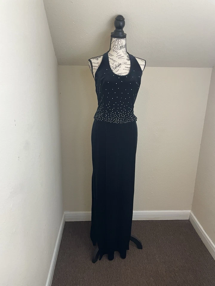 Vestido de Noche Halter Terciopelo Negro Años 90 McClintock Baile de graduación Plateado Glamour Formal Foto 1 de 4