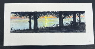 Jim Davel Original Watercolor Painting Sunrise Over Lake Tree View 4x8" Fine Art - Image 1 of 4