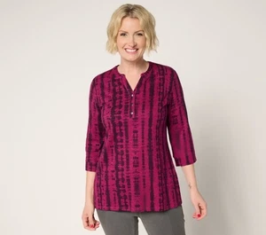 Denim & Co Women's Top Sz M Regular Texture Knit 3/4 Sleeve Henley Berry A655034 - Picture 1 of 3