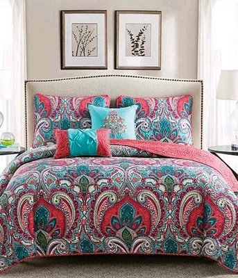 Juego de edredón reversible real VCNY Full/Queen Casa coral rosa verde azulado bonito conjunto Foto 1 de 4