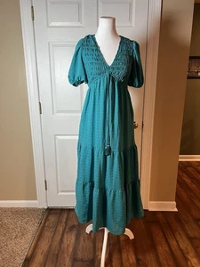 Taylor Smocked Tiered A-Line Midi Sundress in Teal Blue, Size XS W Pockets - Picture 1 of 11