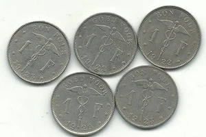 VERY NICE LOT OF 5 BELGIUM ONE FRANC COINS-(2)1922,(2)1923,1929-MAY106 - Picture 1 of 2