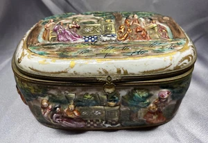 Antike Capodimonte Porzellan Bronze Sarg Pferde Frauen Schmuck Box - Bild 1 von 20