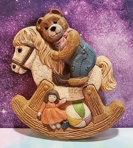 Vtg 1986 Plastic Foam Back Teddy Bear on Rocking Horse Wall Decor Hanging Art - Picture 1 of 6