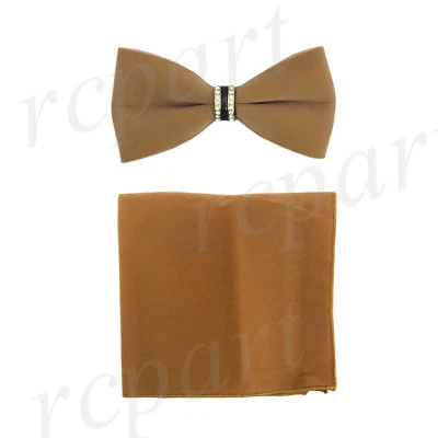 Nuevo pajarita formal de terciopelo pre atado y pañuelo cuadrado de bolsillo marrón sólido graduación para hombre Foto 1 de 4