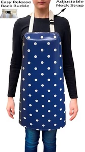 Handmade Navy Blue Polka Dots Spots Waterproof PVC Coated Wipe Clean Aprons - Picture 1 of 2