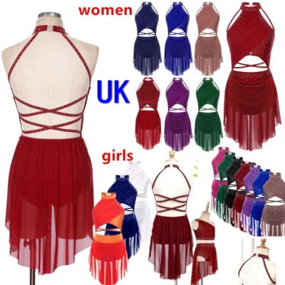 UK Women Girls Rhinestones Ballet Leotard Dress Lyrical Jazz Latin Dance Costume - Image 1 of 4