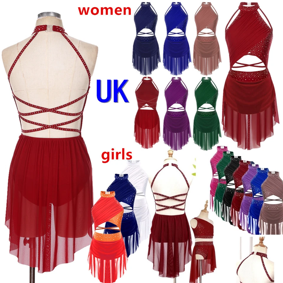 UK Women Girls Rhinestones Ballet Leotard Dress Lyrical Jazz Latin Dance Costume - Image 1 of 4