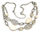 VTG~WHITE~BEIGE~NATURAL~STONE~ORNATE~OPEN CUT~SILVER~METAL~CABLE~CHAIN~NECKLACE