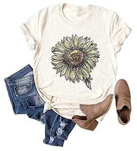 Sunflower Graphic Shirt for Women Cute Flower Short Sleeve Small Beige-3 - Picture 1 of 6