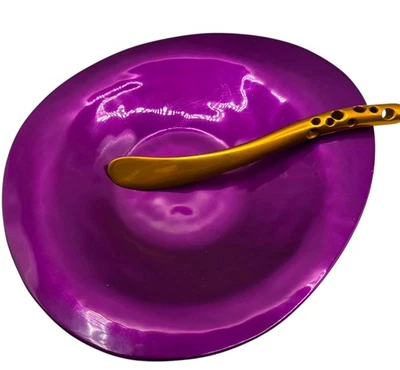 Mid Century Modern Art Deco Dish Purple Anodised Aluminum Enamel & Knife Vintage - Image 1 of 4