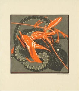 Lobster and Octopus Norbertine Bresslern-Roth 1923 Linocut Marine Animal Art - Picture 1 of 2