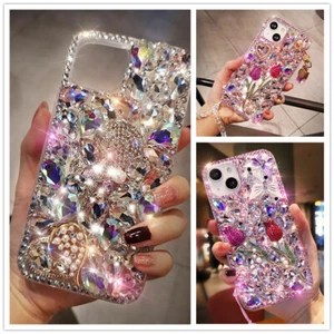 Flowers Diamonds Glitter Bling Rhinestone Clear Phone Back Case Cover For Phones - Picture 1 of 11