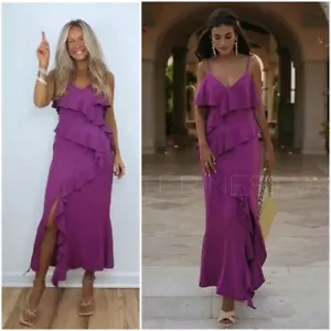 Zara Linen Blend Ruffled Slip Dress size XS Maxi Bloggers favorite! Purple - Picture 1 of 14