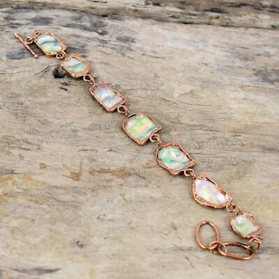 Gift For Her Abalone Shell Rough Electroformed Adjustable Bracelet Copper 6.0" - Image 1 of 4