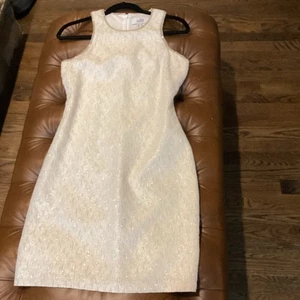BELLE BADGLEY MISCHKA Dress Womens Sz 4 Champagne Gold Chain Trim Sheath - Picture 1 of 8
