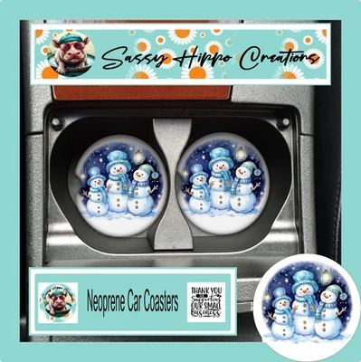 Posavasos Coche Muñeco de Nieve Trío Azul Feliz Navidad Fiestas Set de 2 Neopreno Absorbente Foto 1 de 4