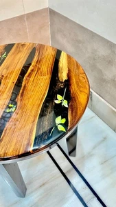 HANDMADE TEAK EPOXY COFFEE TABLE- CUSTOM WOOD FURNITURE- LIVE EDGE ROUND TABLE - Picture 1 of 6