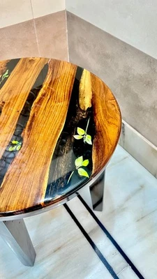 HANDMADE TEAK EPOXY COFFEE TABLE- CUSTOM WOOD FURNITURE- LIVE EDGE ROUND TABLE - Image 1 of 4