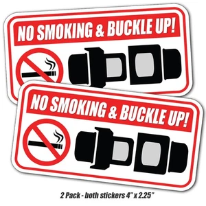 No Smoking Buckle Up Seat Belt Safety Warning Vinyl Stickers Decal 2-Pack 4x2 - Picture 1 of 3