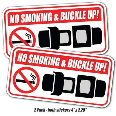 No Smoking Buckle Up Seat Belt Safety Warning Vinyl Stickers Decal 2-Pack 4x2 - Image 1 of 3