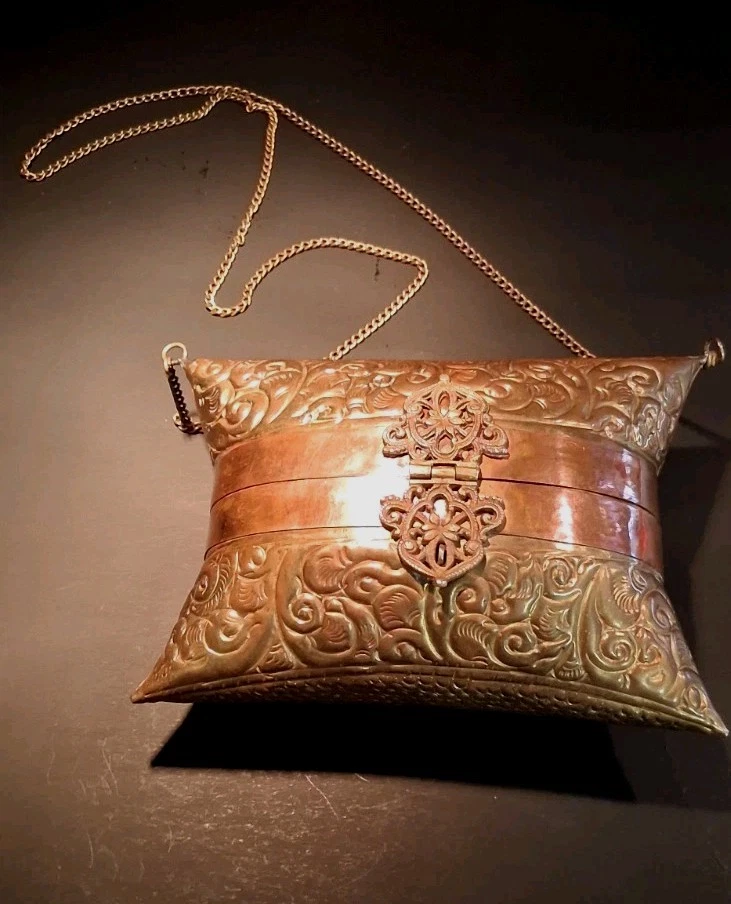 1920s Era Copper and Brass Pillow Purse, Purple Velvet Lined - Image 1 of 4